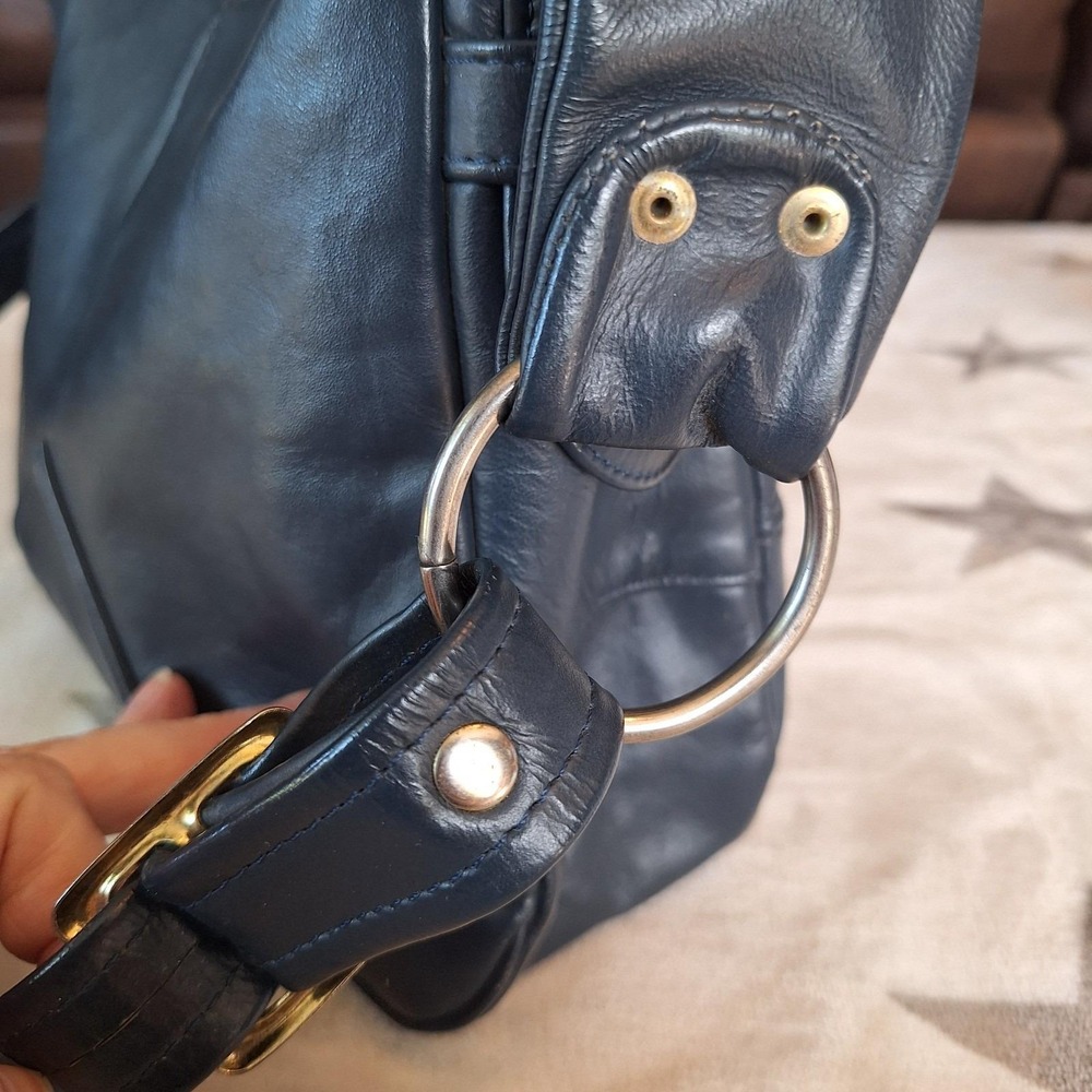 Vintage Navy Blue Genuine Leather Slouchy Shoulder Bag Zipper Close Pocket - Picture 4 of 15